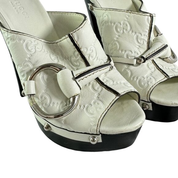 GUCCI White Leather Guccissima Horsebit Platform Clogs Italy Marked as 34.5-4.5 - Picture 4 of 11